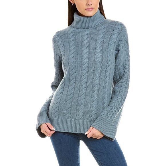 💕NAADAM💕 Wool Cashmere Cable Turtleneck Wool Cashmere ~ Mist Blue Medium M NWT - Picture 1 of 15